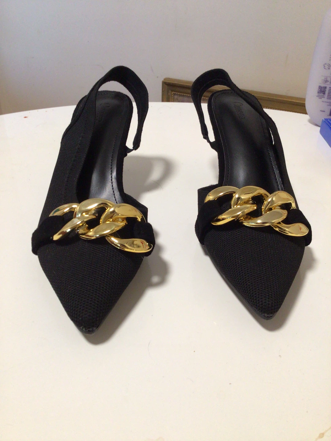 Black Slingback Heels with Gold Chain Detail - photo 5