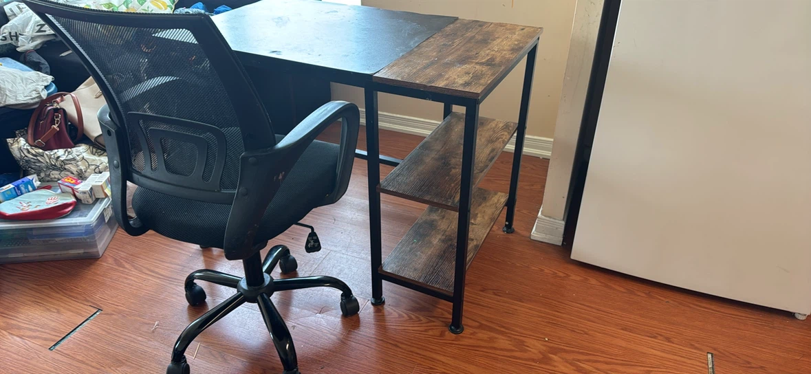 Modern Black and Wood Grain Desk with Shelves