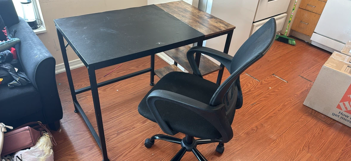 Modern Black and Wood Grain Desk with Shelves - photo 3