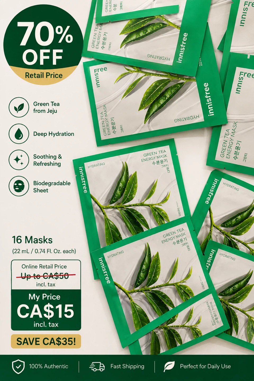 Innisfree Green Tea Energy Sheet Masks – 16 for $20