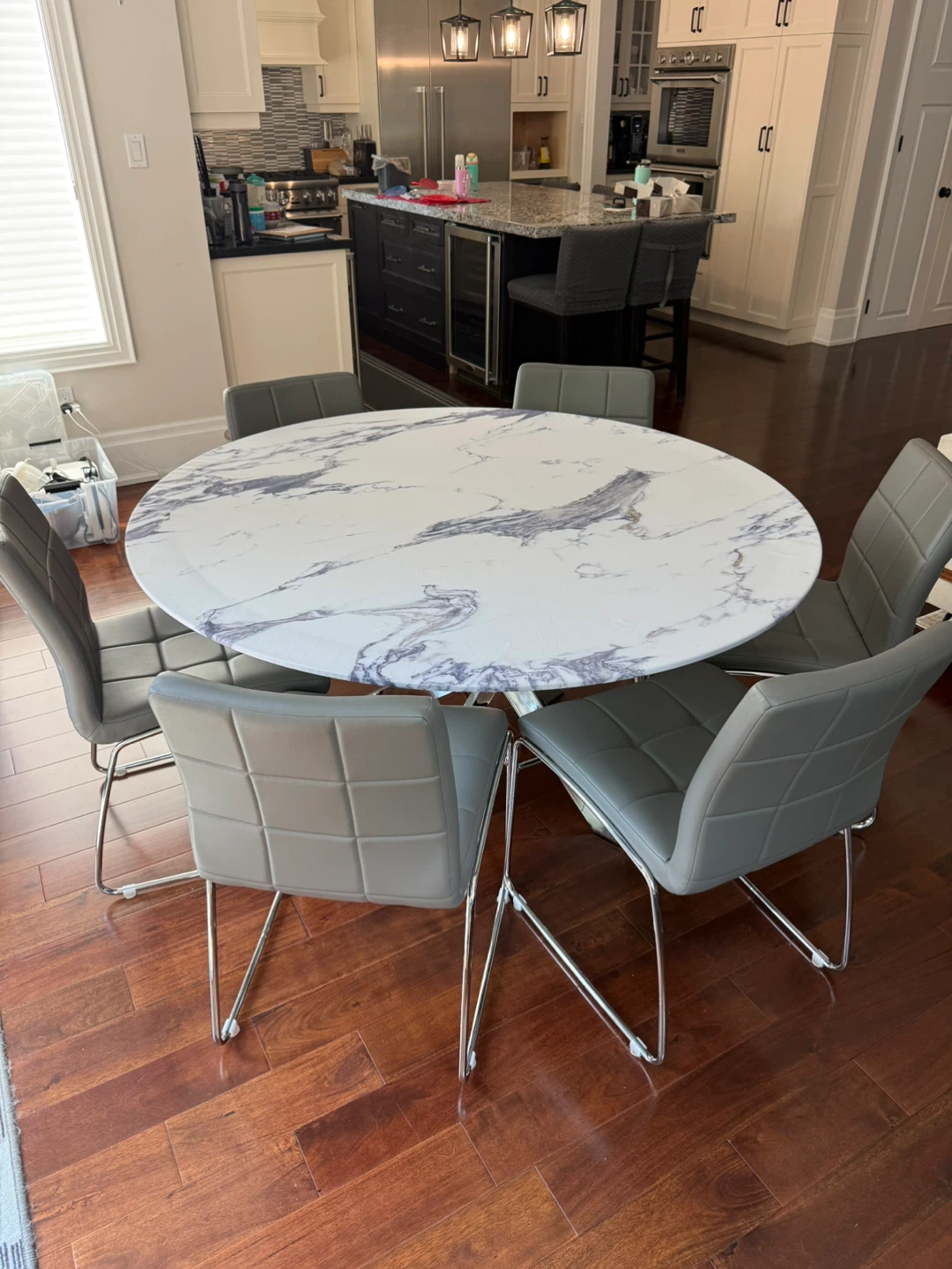 55” Round Glass Table with 6 Grey Chairs - photo 2