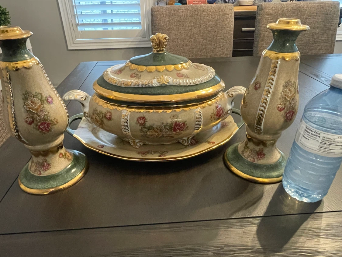 Vintage Floral Porcelain Tureen with Matching Candlesticks