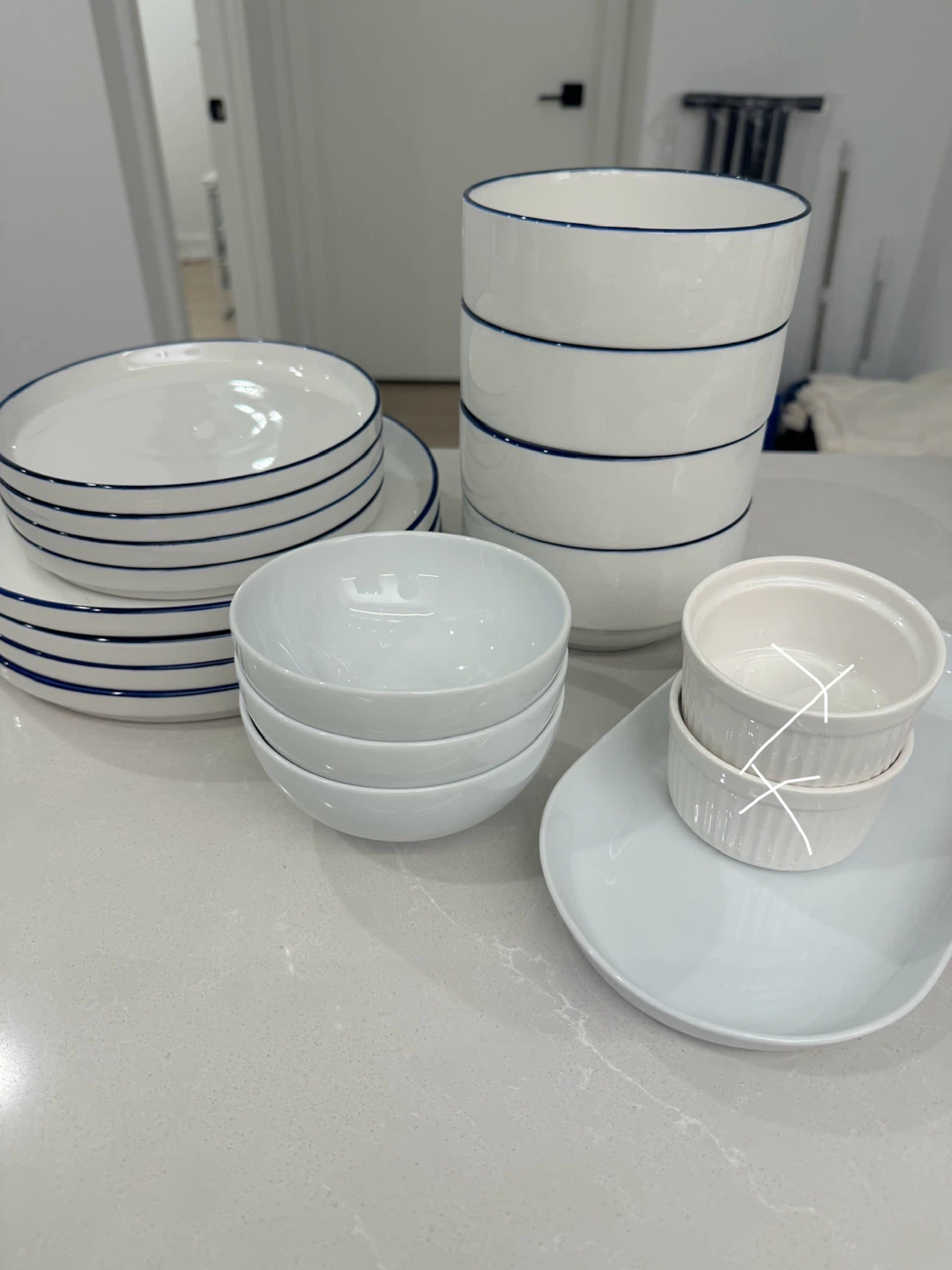 White Dinnerware Set with Blue Rim