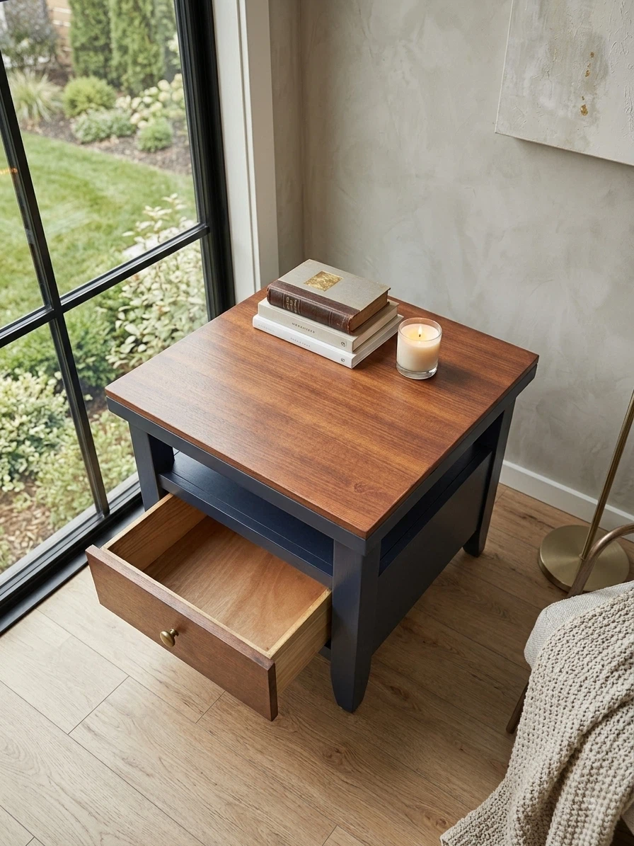 Pair of Navy Blue End Tables with Drawer - photo 2