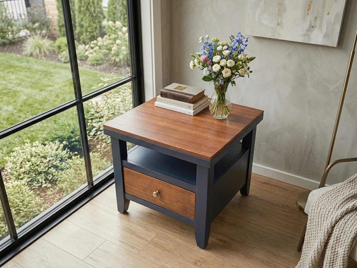 Pair of Navy Blue End Tables with Drawer - photo 3