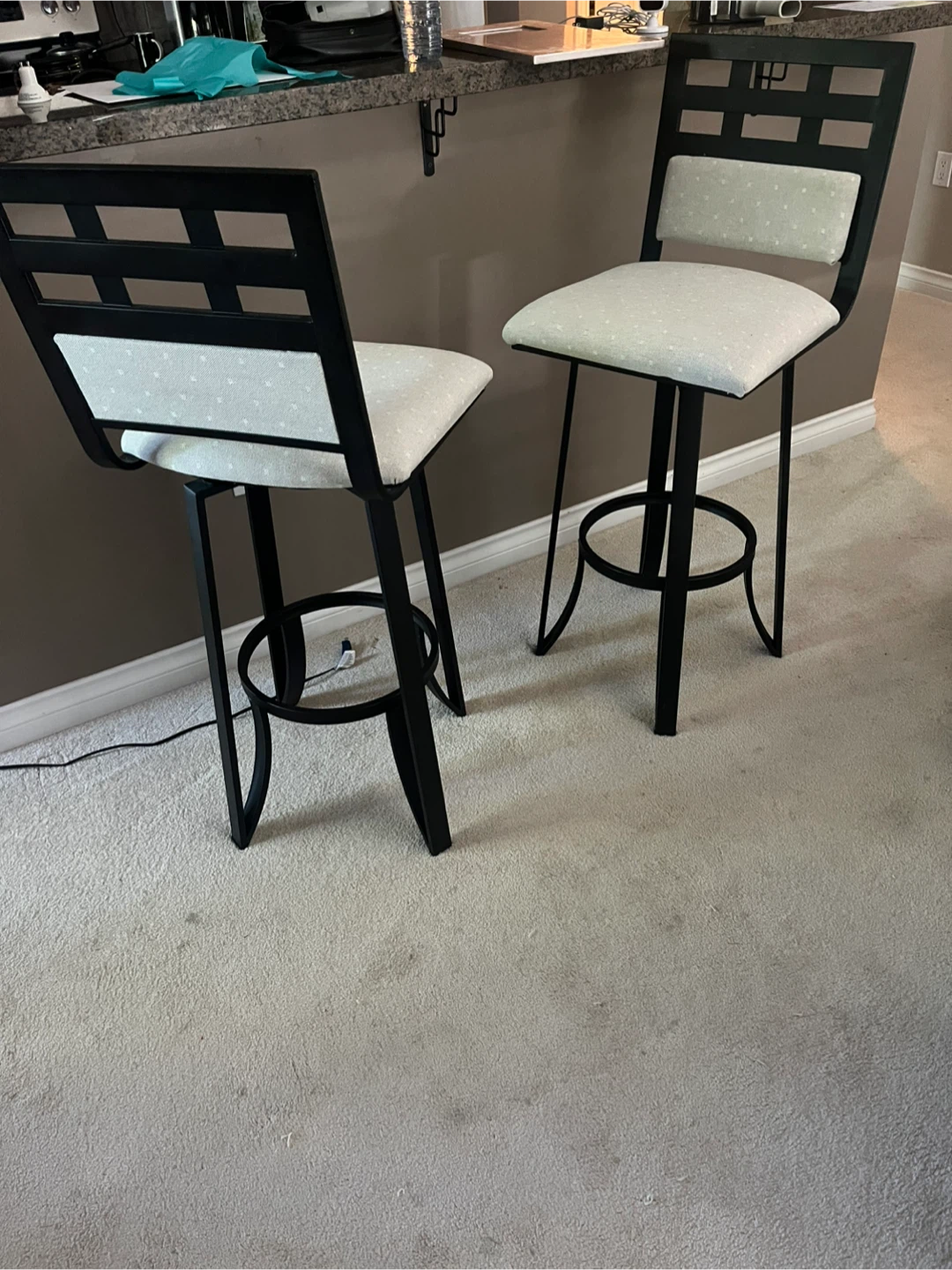 Black Metal Bar Stools with White Swirl Seat - Set of 2