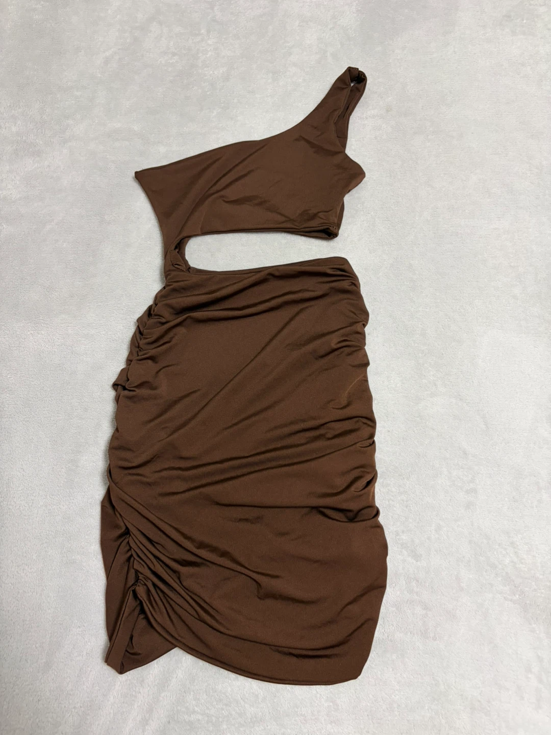 Brown One-Shoulder Cutout Ruched Dress