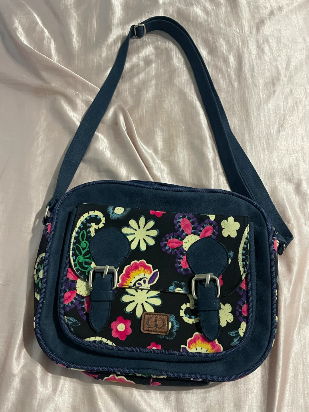 Dark Blue Hippe Shoulder/Crossbody Bag with Floral Pattern