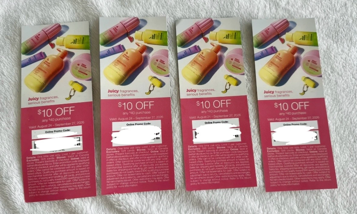 4 discount coupons for Bath & Body Works