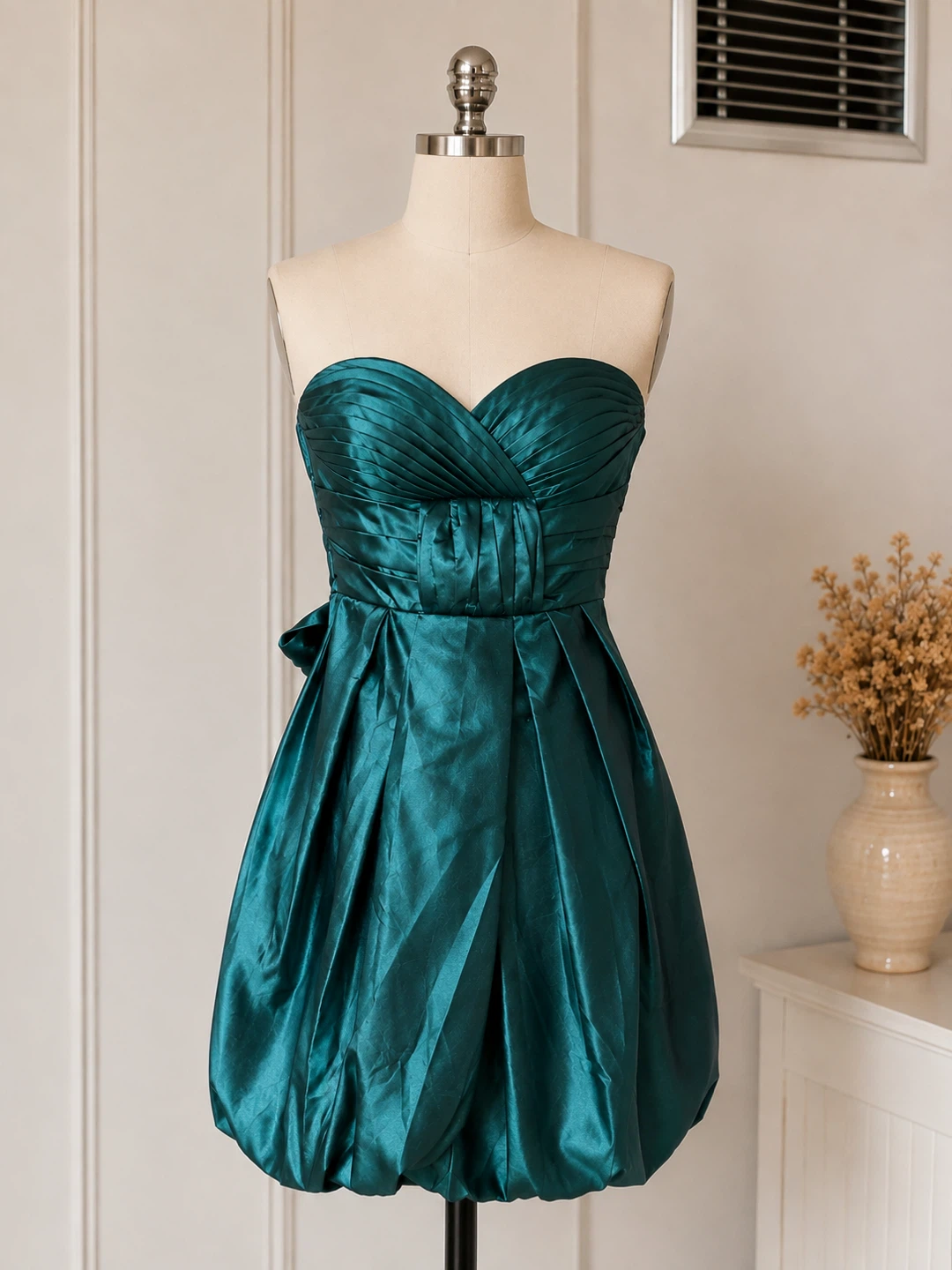 Strapless Teal Bubble Hem Dress with Bow Accent
