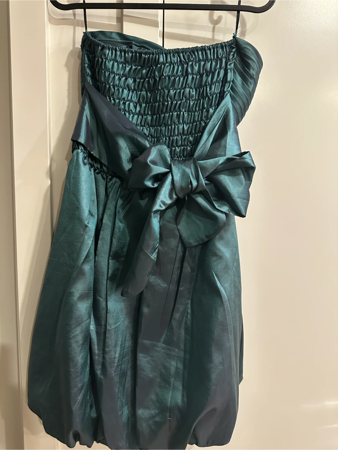 Strapless Teal Bubble Hem Dress with Bow Accent - photo 3