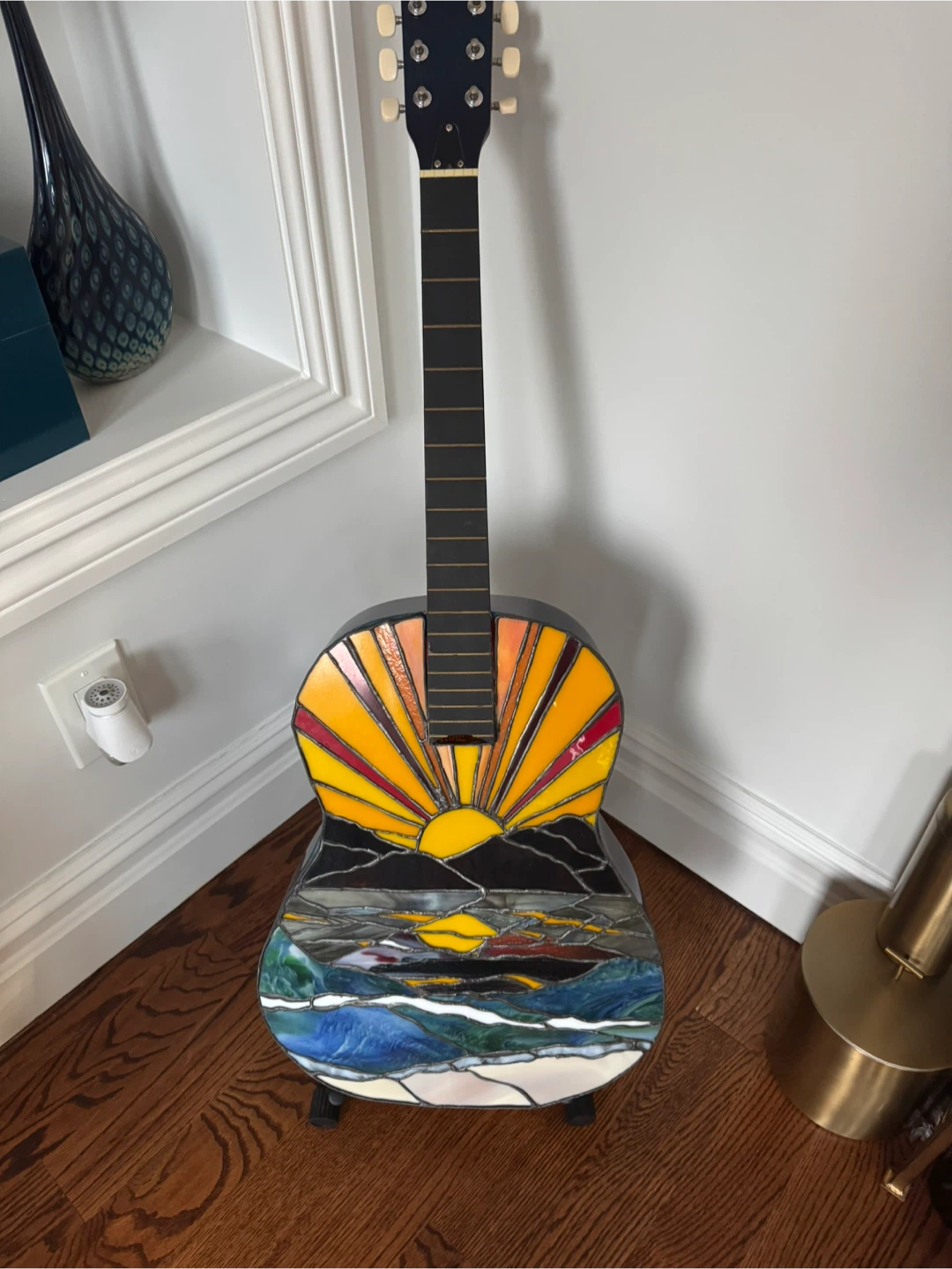 Custom Stained Glass Guitar with Sunrise and Mountain Artwork