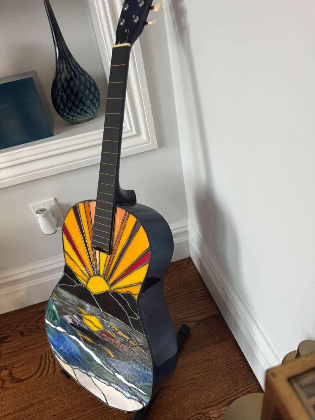 Custom Stained Glass Guitar with Sunrise and Mountain Artwork - photo 2