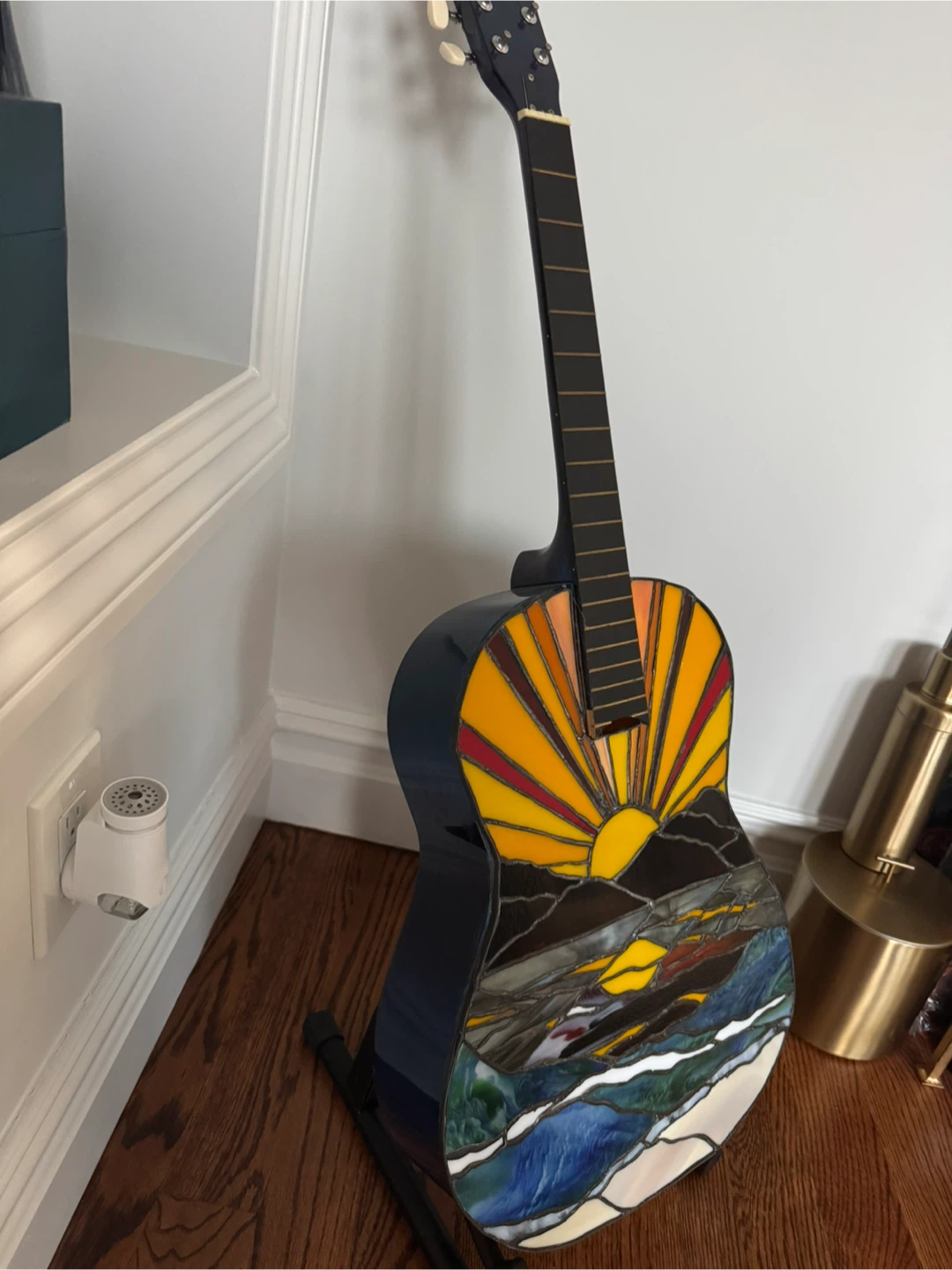 Custom Stained Glass Guitar with Sunrise and Mountain Artwork - photo 3