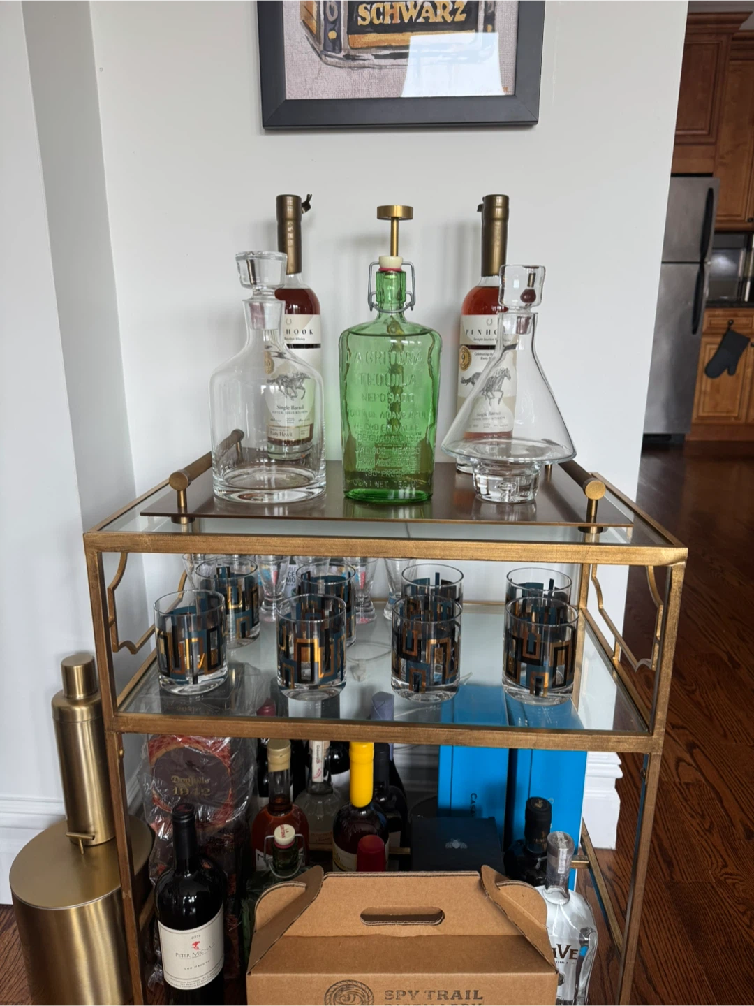 Gold Bar Table with tray and Art Work