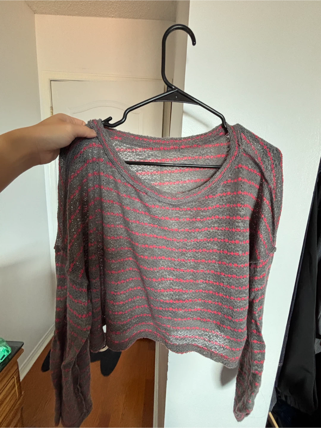 Grey Striped Long Sleeve Cropped Sweater