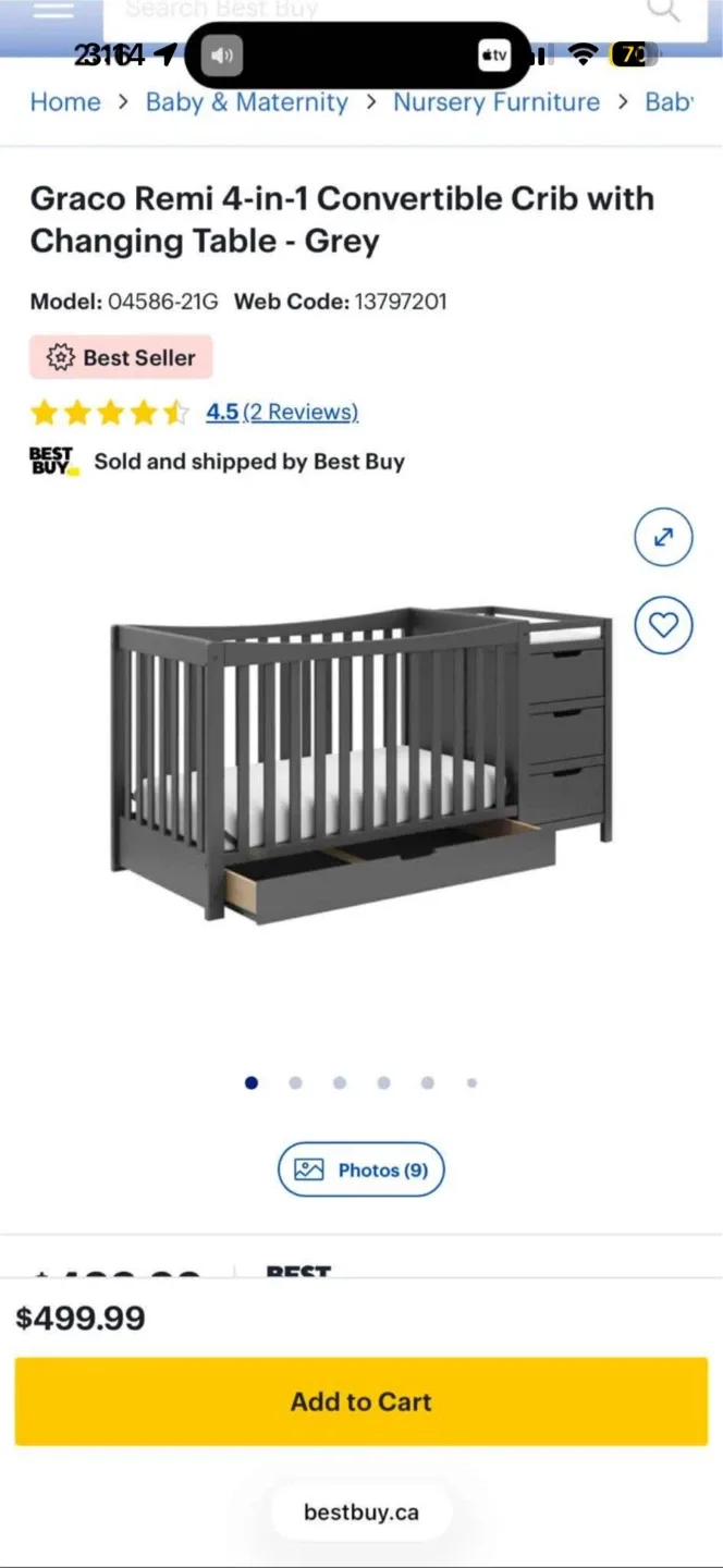 Graco Remi 4-in-1 Convertible Crib with Changing Table - Grey