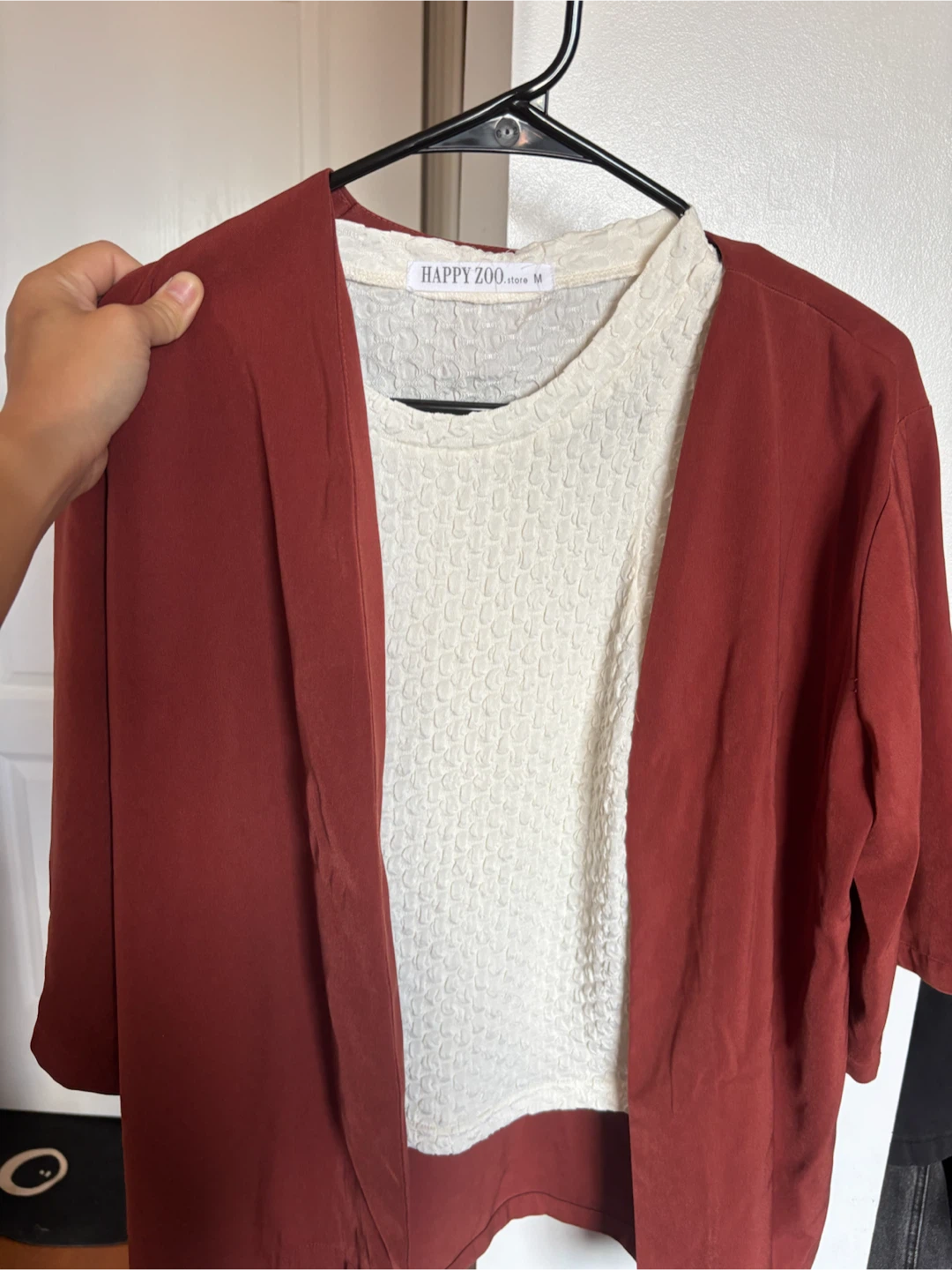 Happy Zoo cream textured top & rust cardigan