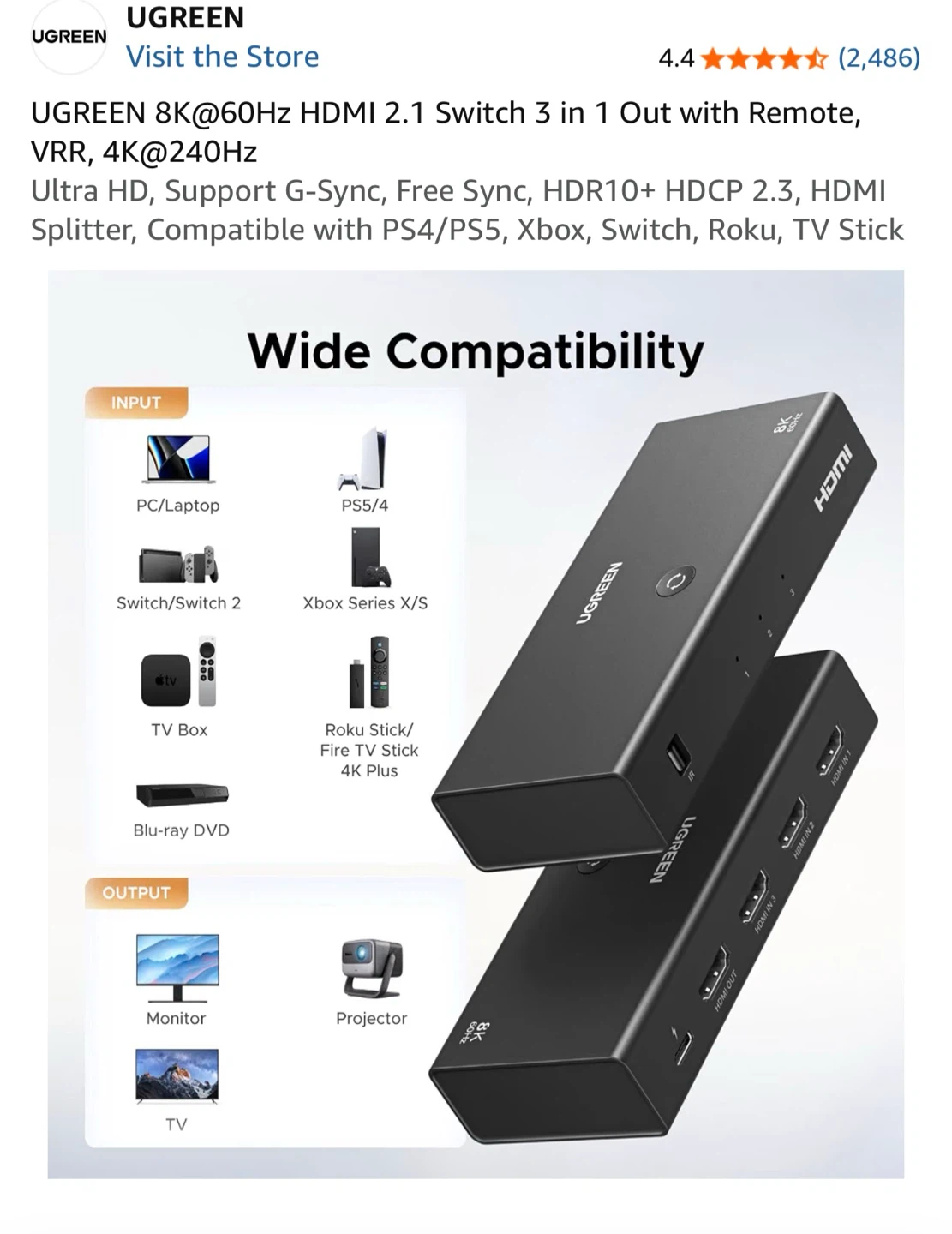 UGREEN 8K@60Hz HDMI 2.1 Switch 3 in 1 Out with Remote