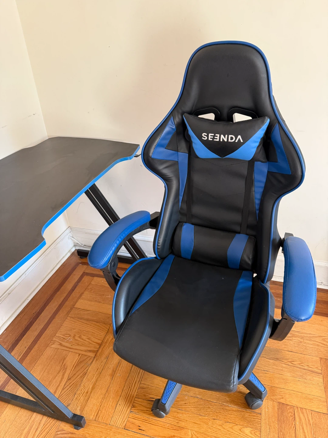 Black Gaming Desk with Blue Trim - photo 4