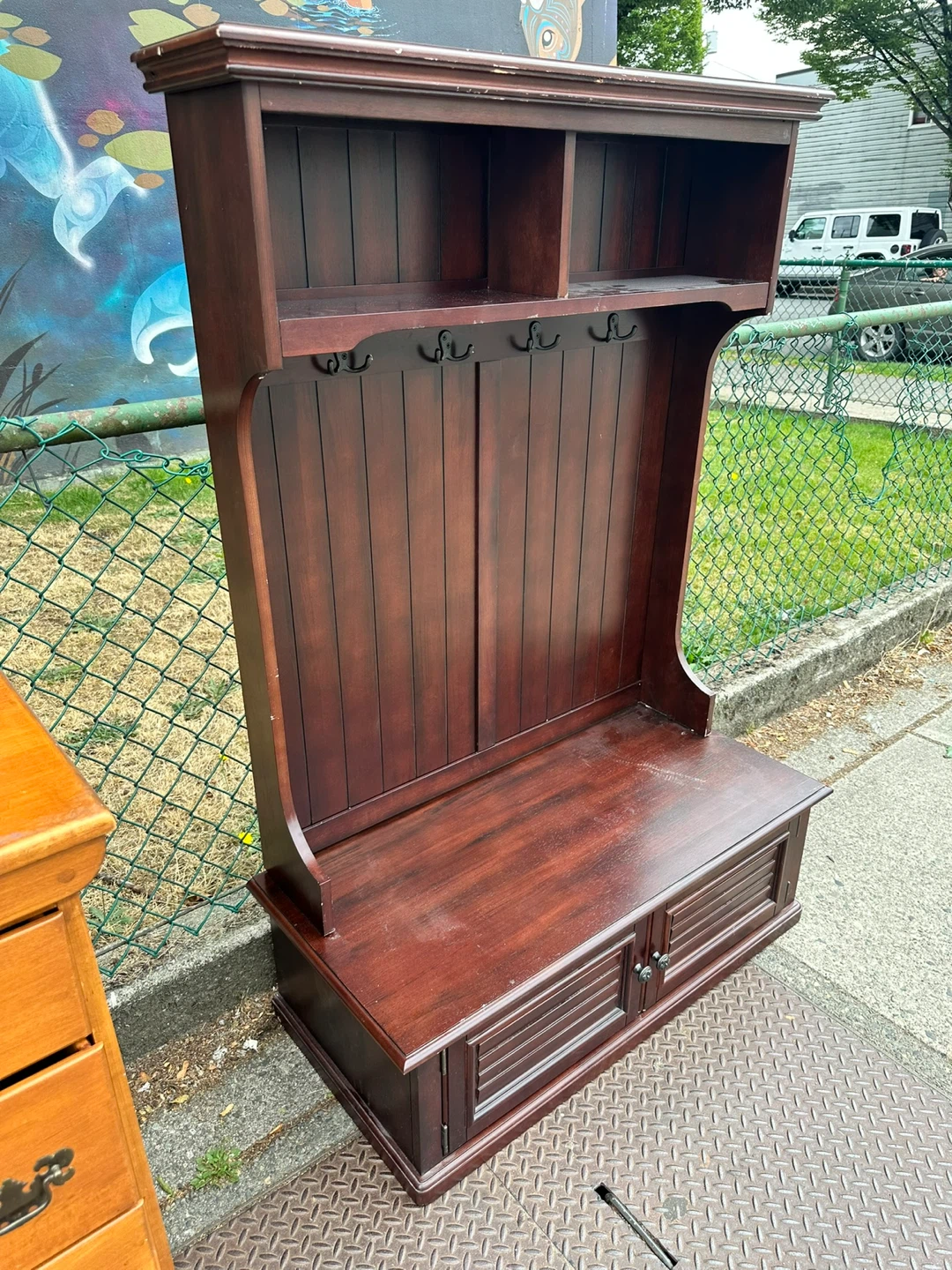 Wooden Hall Tree Bench with Coat Hooks