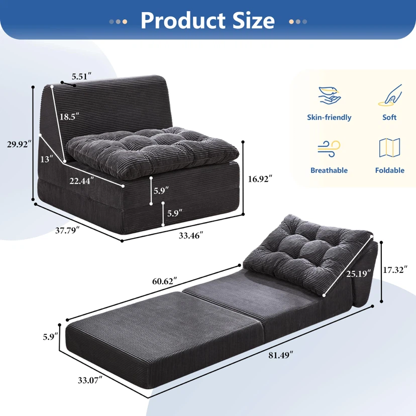 Hobestluk Adult Folding Sofa Bed,Large Comfy Floor Lounger - photo 3