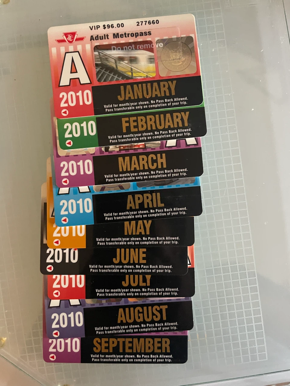 Collectible 2010 Adult Metropass Monthly Passes (Jan-Sept)