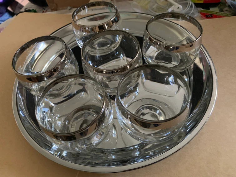 Set of 6 Glass Tumblers with Silver Rim on Tray