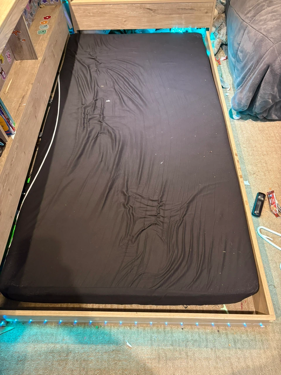 Twin Bed Frame with Built-in Shelving and LED Lights