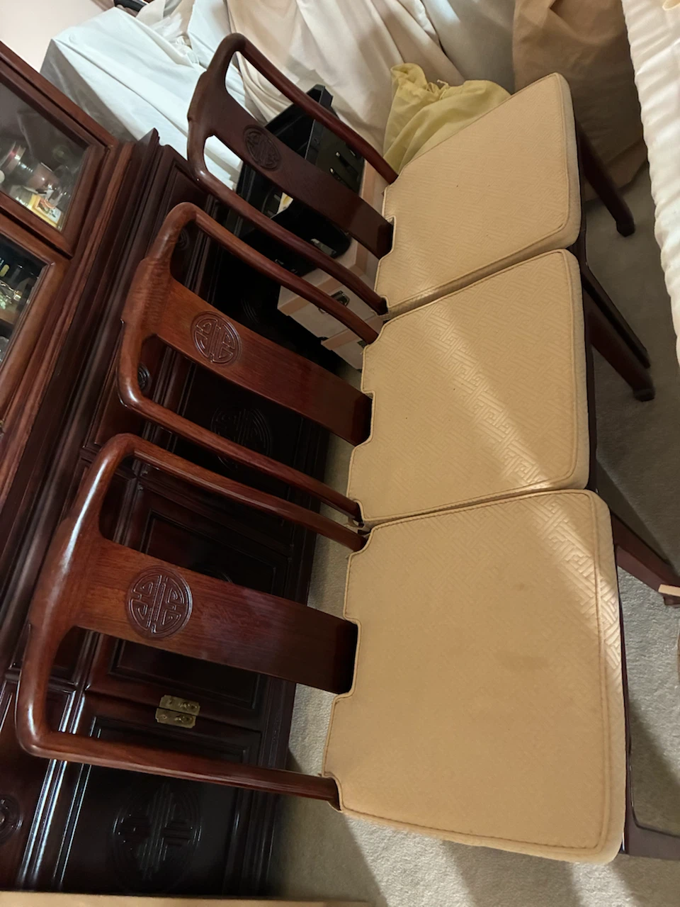 Set of 3 Dark Wood Dining Chairs with Beige Upholstery