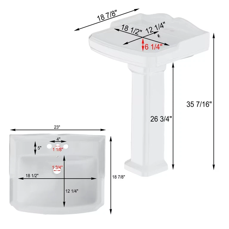 TOBILI 35" Height Cemamic Rectangular Pedestal Sink