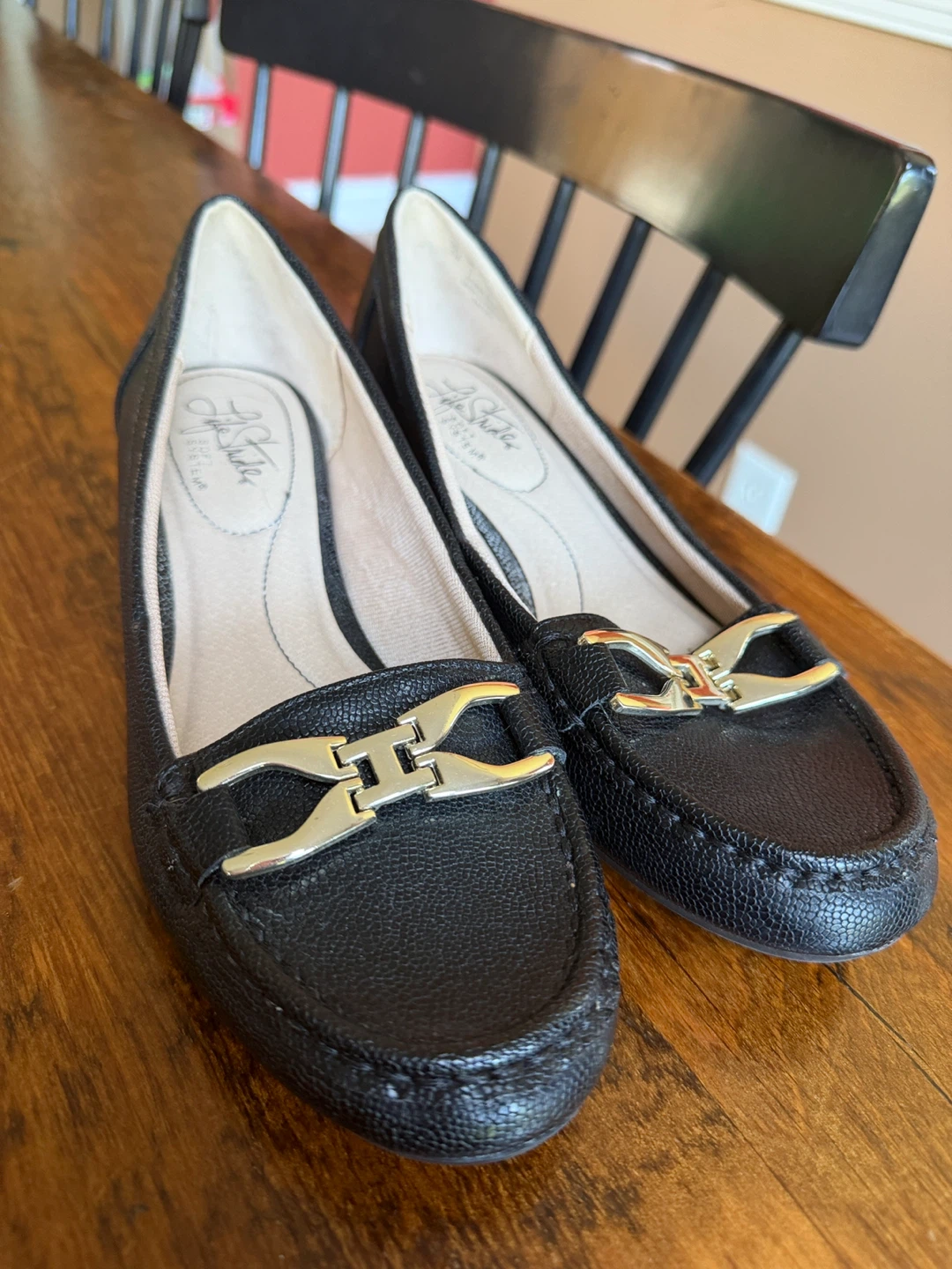 Life Stride Black Faux Leather Loafer Wedge Shoes