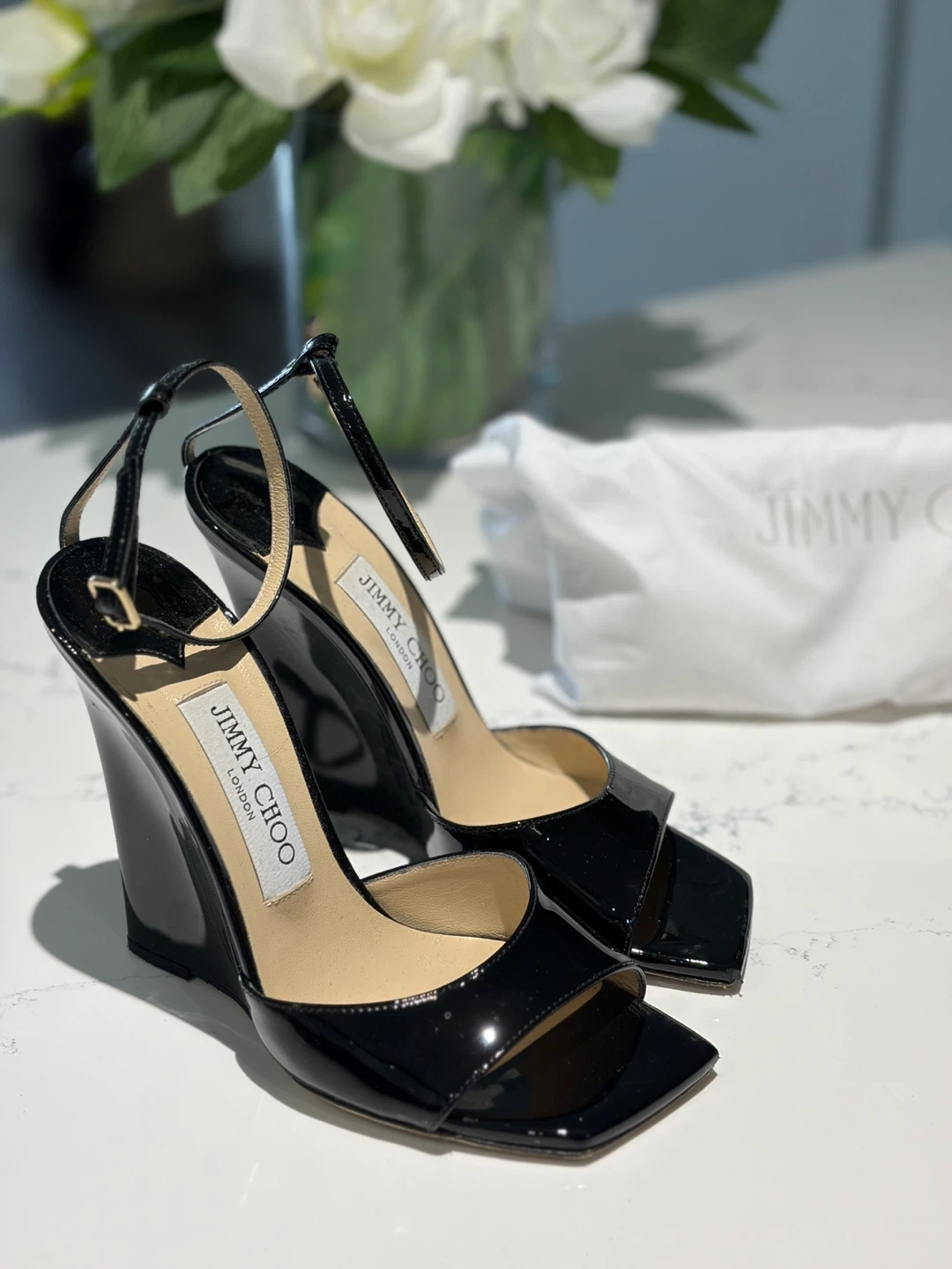 Jimmy Choo Black Patent Wedge Sandals