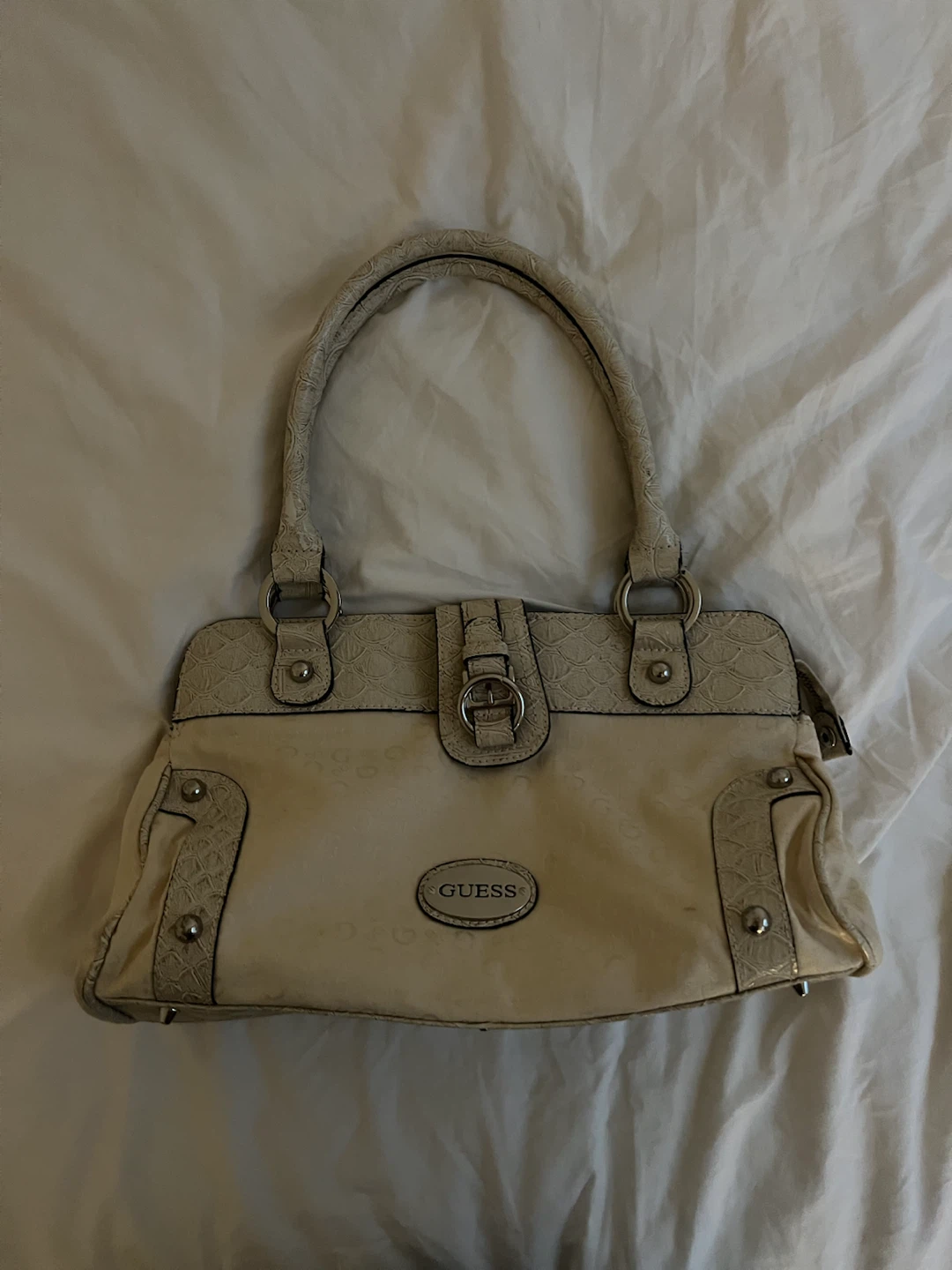 GUESS Cream Textured Satchel Handbag