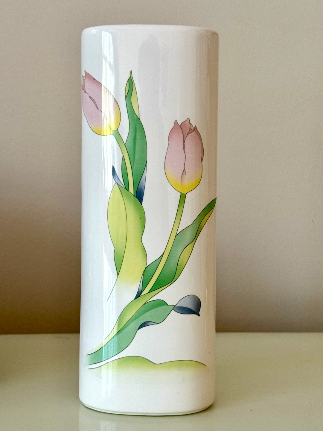 White Ceramic Vase with Pink Tulip Design