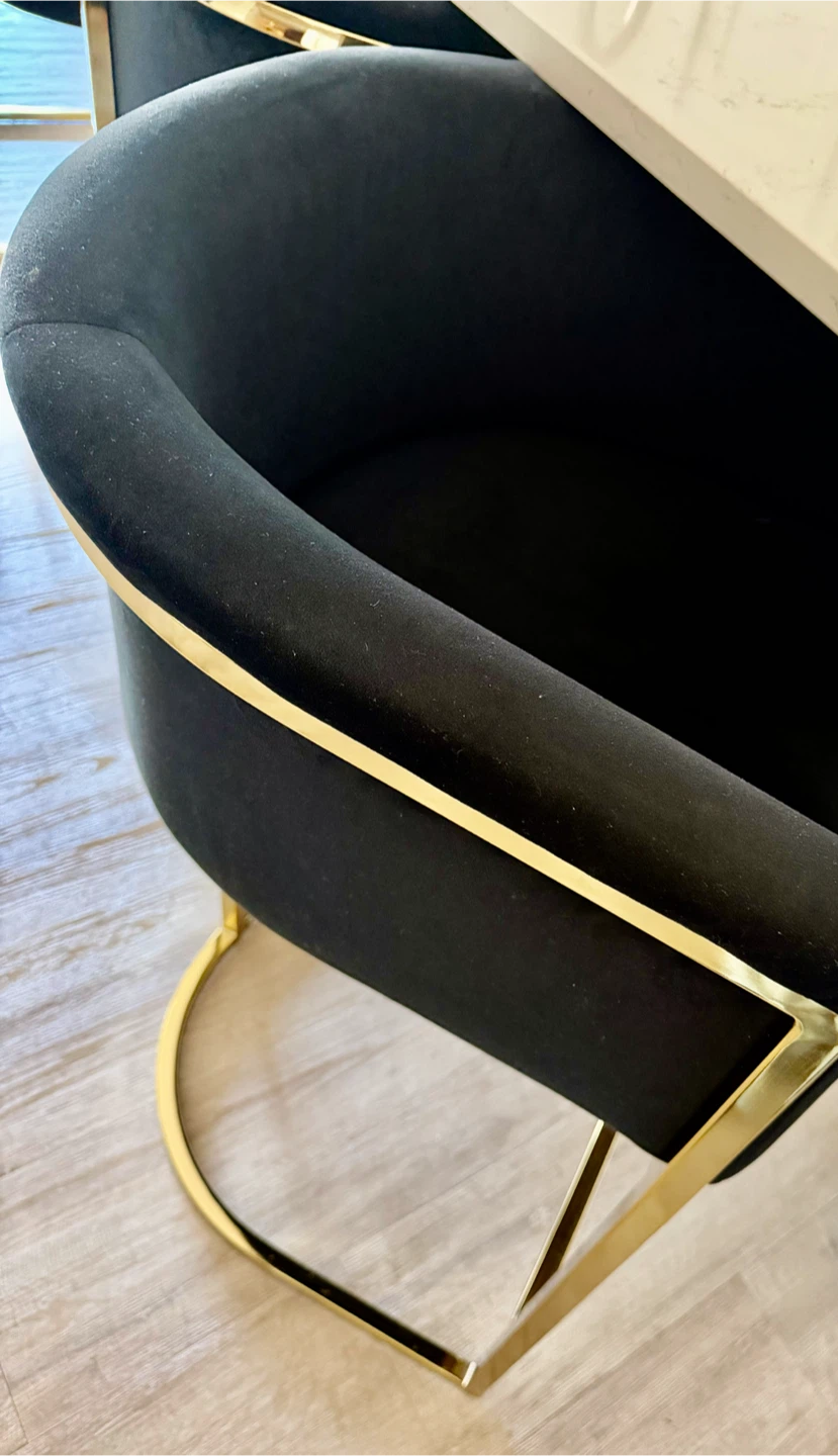 Set of 4 Black Velvet Bar Stools with Gold Legs