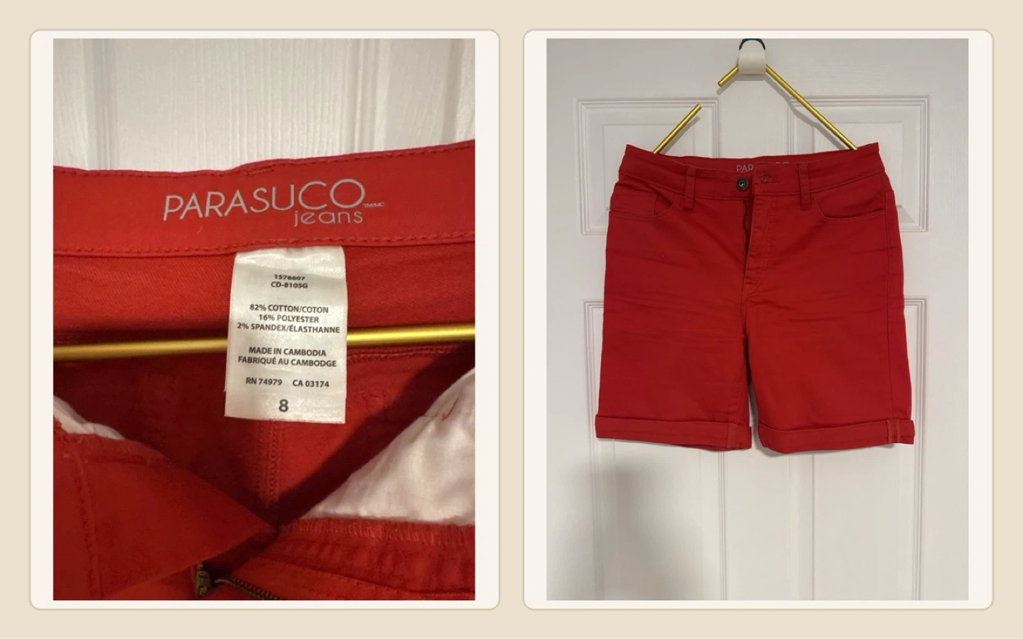 Parasuco Jeans Red Shorts Size 8