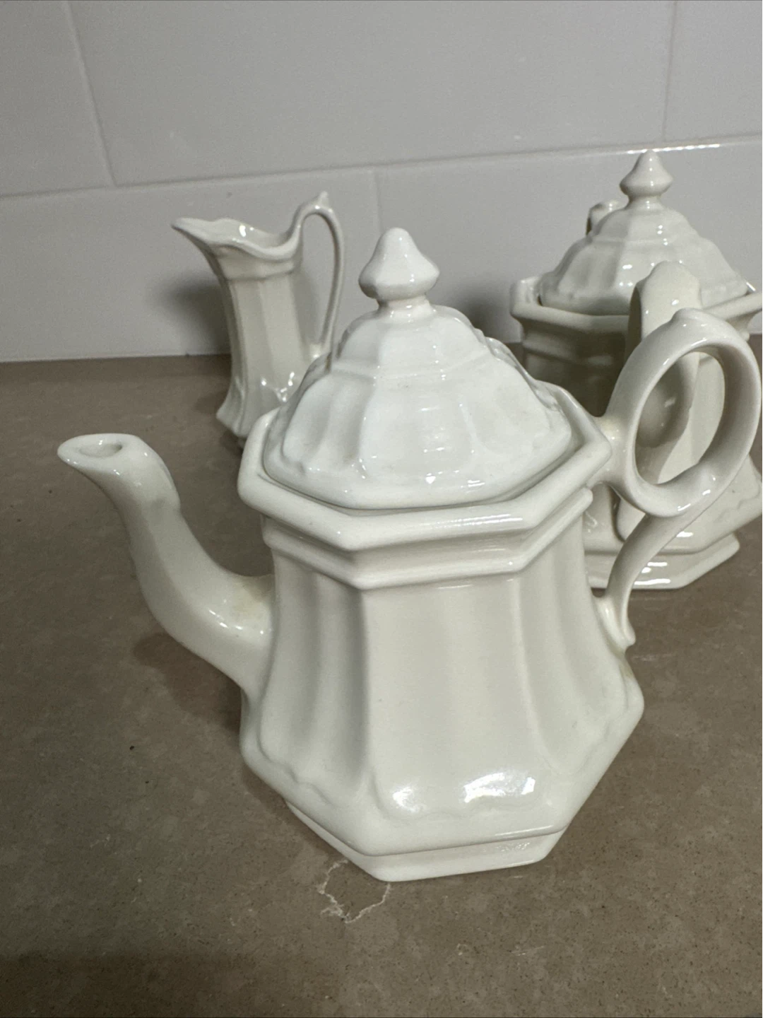 White Ceramic Creamer, Sugar Bowl, and Teapot Set - photo 3