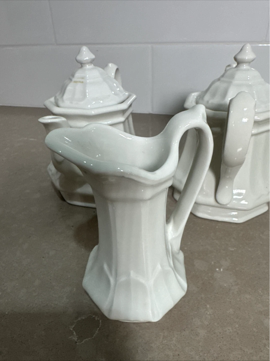 White Ceramic Creamer, Sugar Bowl, and Teapot Set - photo 2