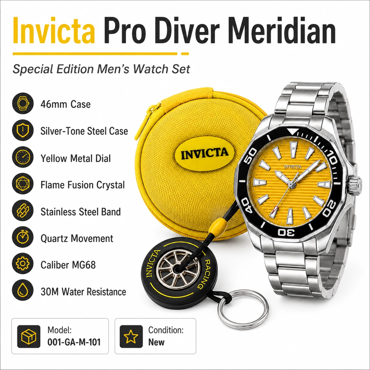 NEW Invicta Pro Diver Meridian 46mm Yellow Dial Watch Set - photo 2