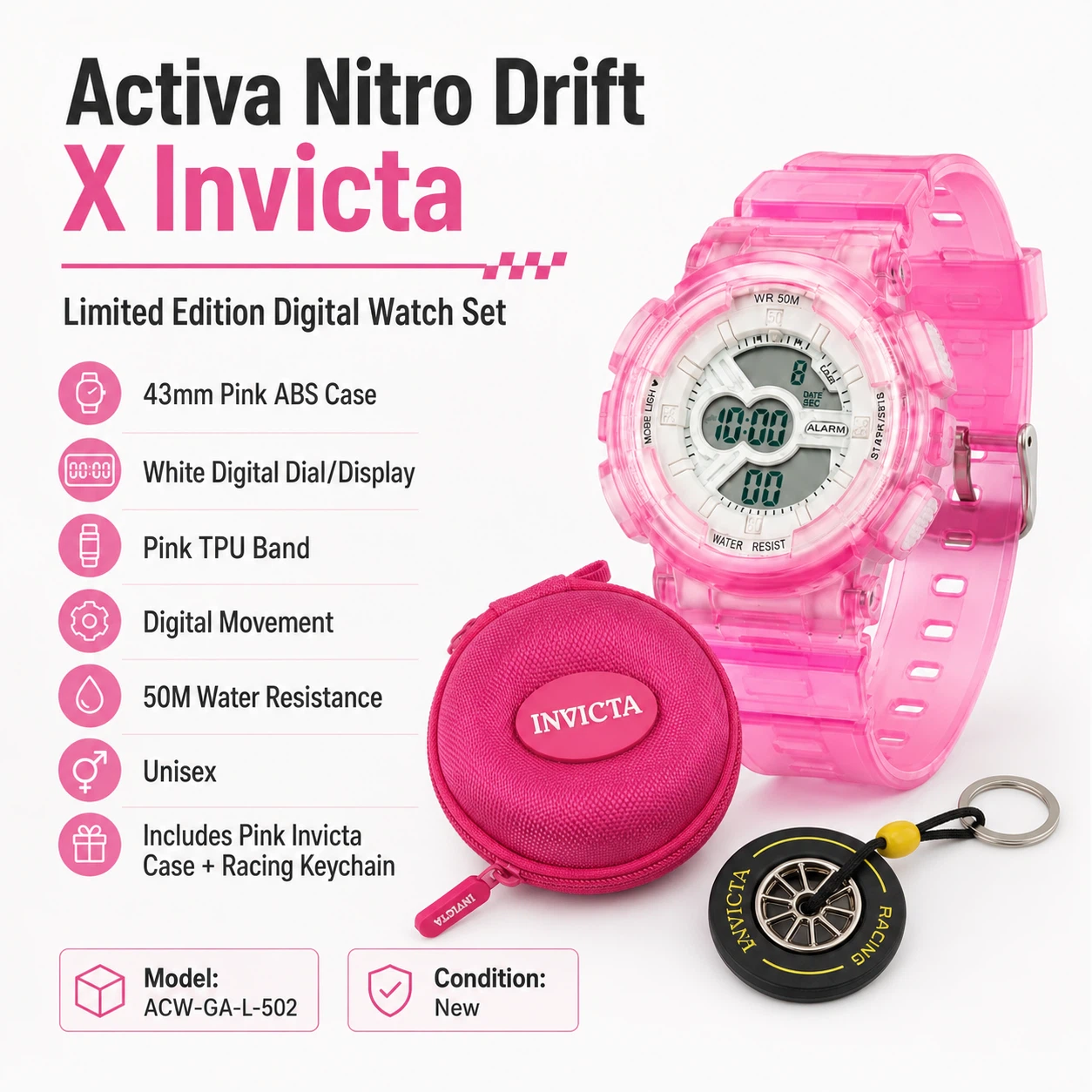 NEW Activa X Invicta Nitro Drift 43mm Pink Digital Watch Se - photo 2