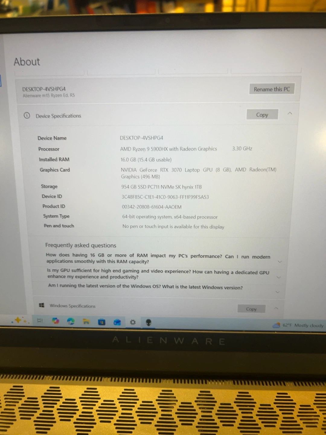 Alienware m15 R5 Gaming Laptop – RTX 3070 / Ryzen 9 - photo 5