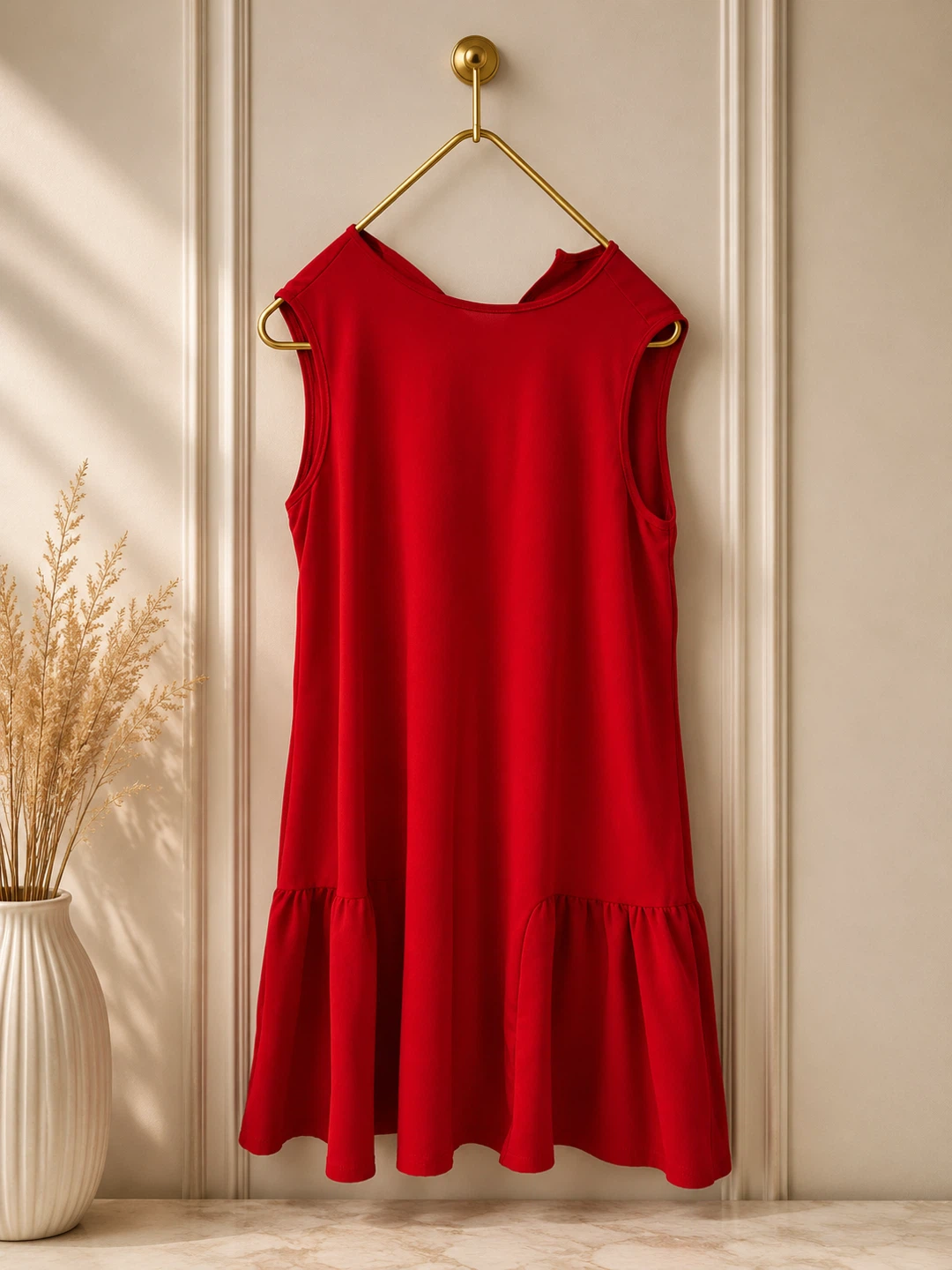 Red Sleeveless Dress with Ruffle Hem