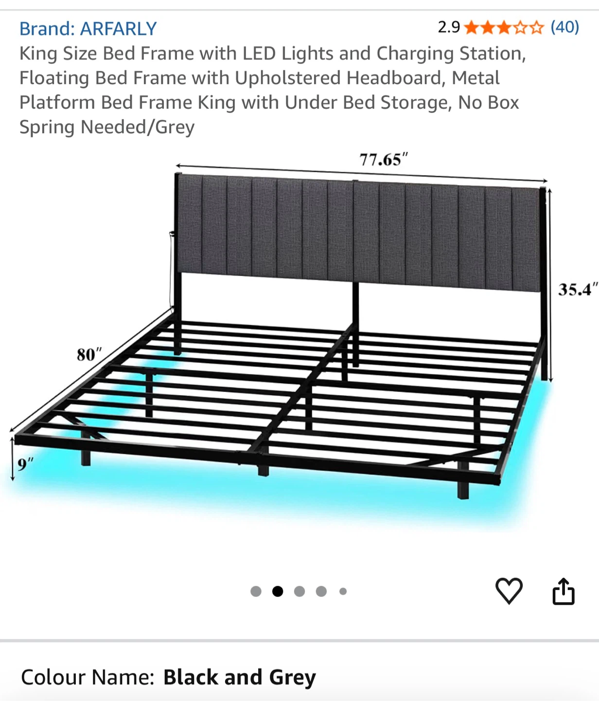 King Size Bed Frame with LED Lights & Charging Station - Grey