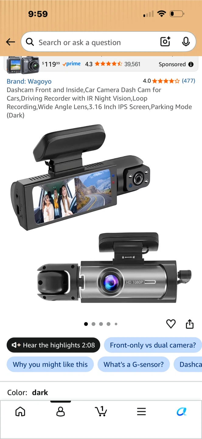 Wagoyo Dual Dash Cam - Front & Inside - photo 3