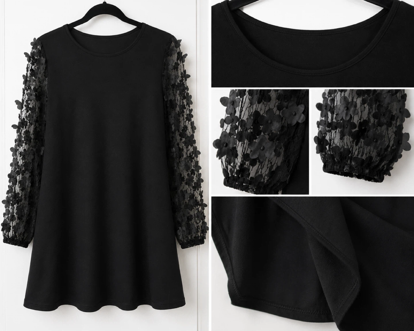 Black Dress with Floral Mesh Sleeves
