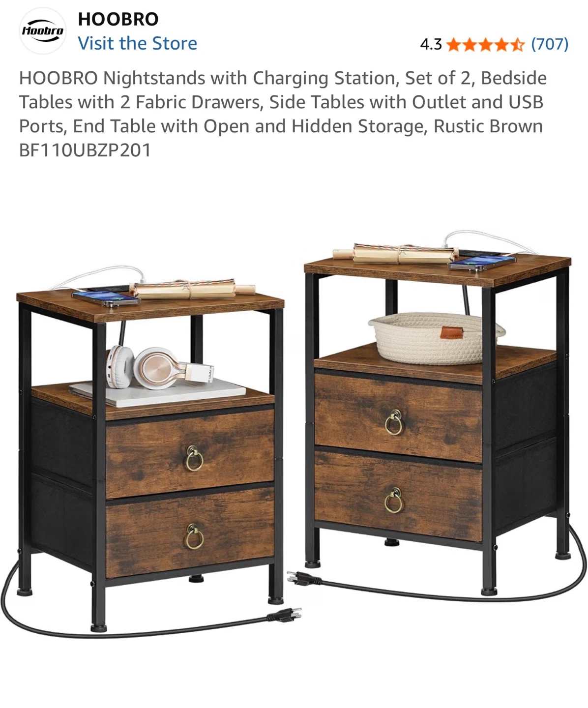 2 HOOBRO Nightstands with Charging Station - Set of 2