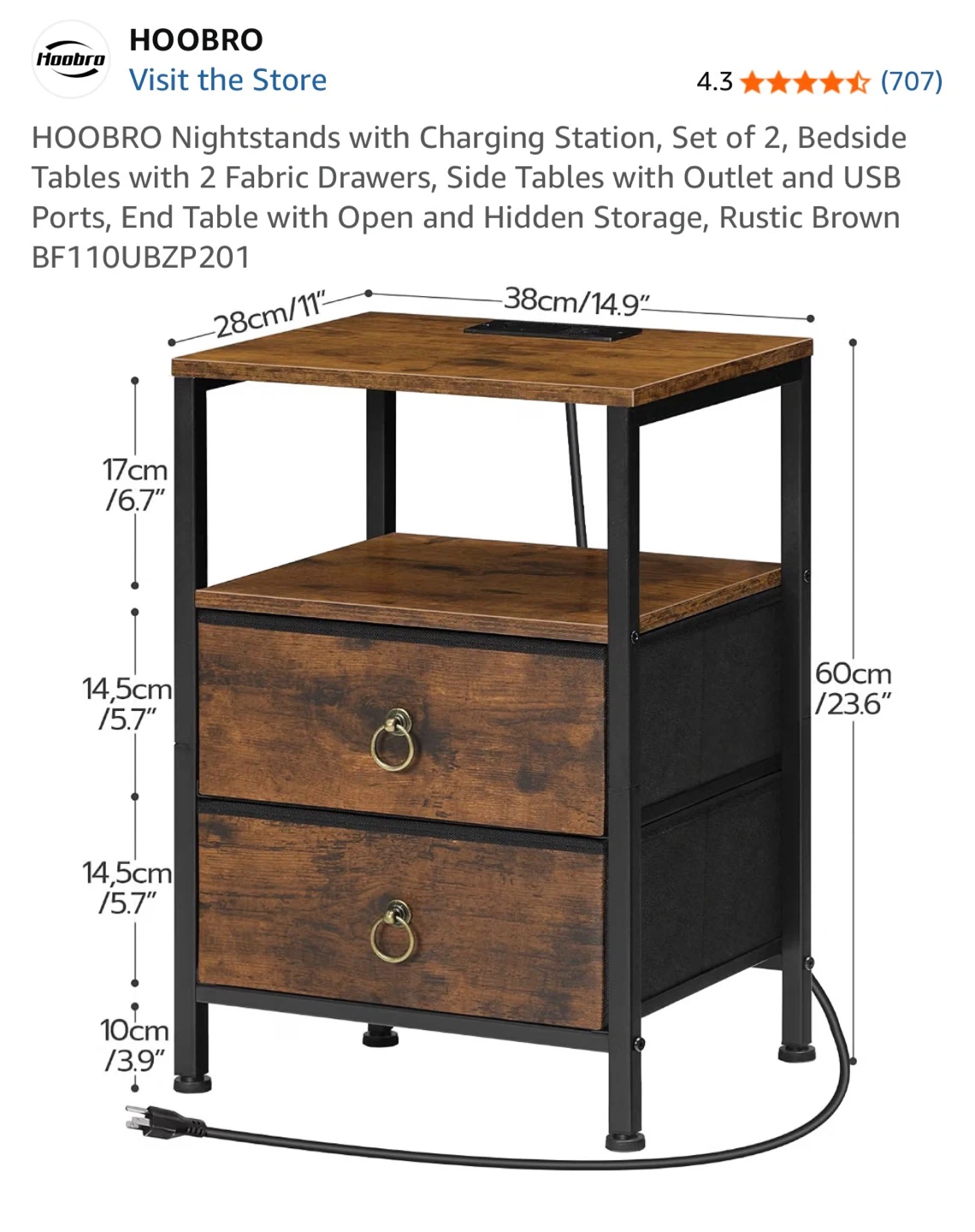 2 HOOBRO Nightstands with Charging Station - Set of 2 - photo 2