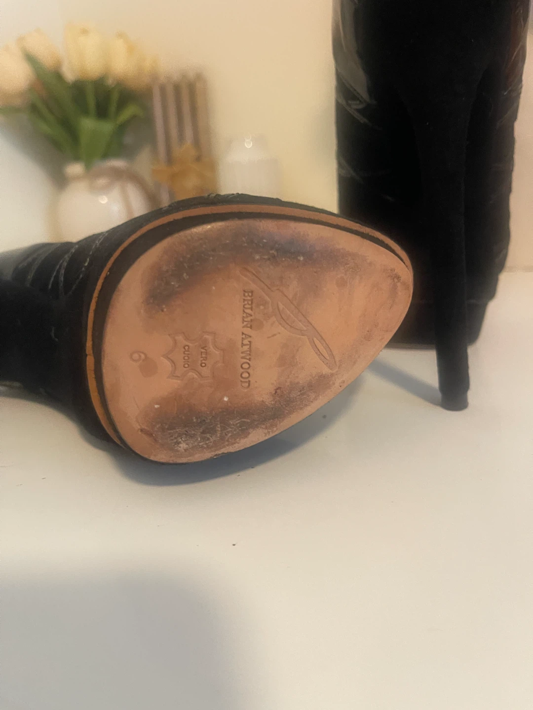 Brian Atwood Black Suede and Patent Leather Ankle Boots