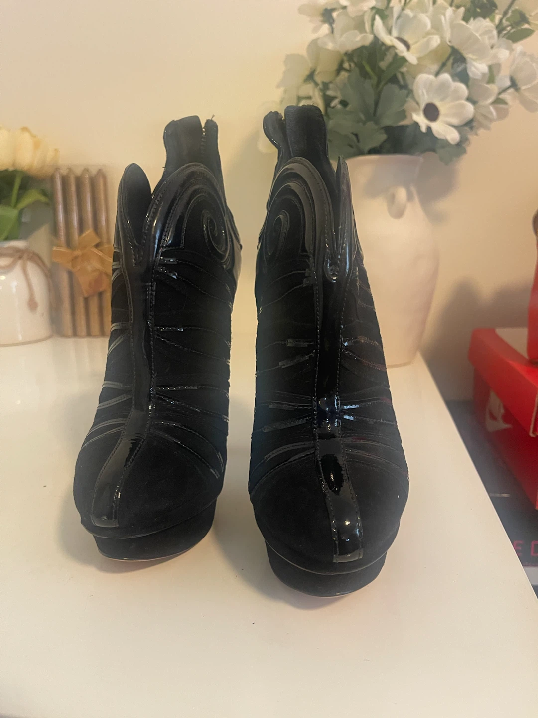 Brian Atwood Black Suede and Patent Leather Ankle Boots - photo 2